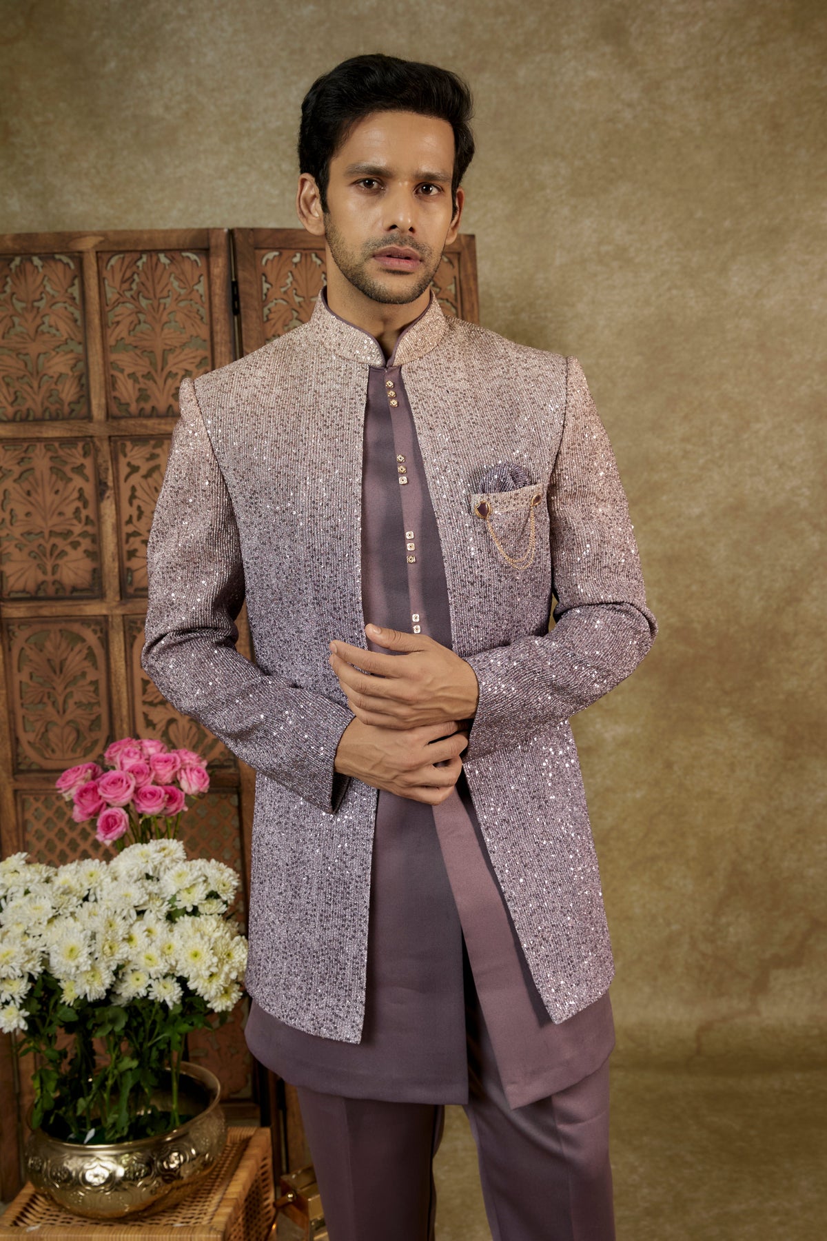 Onion Pink Sequinned Silk Open Indowestern Set