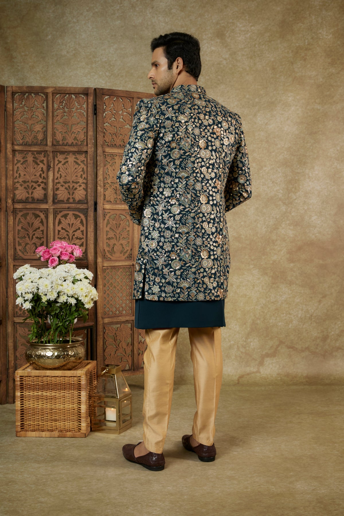 Yale Blue Georgette Sequinned Open Indowestern Set