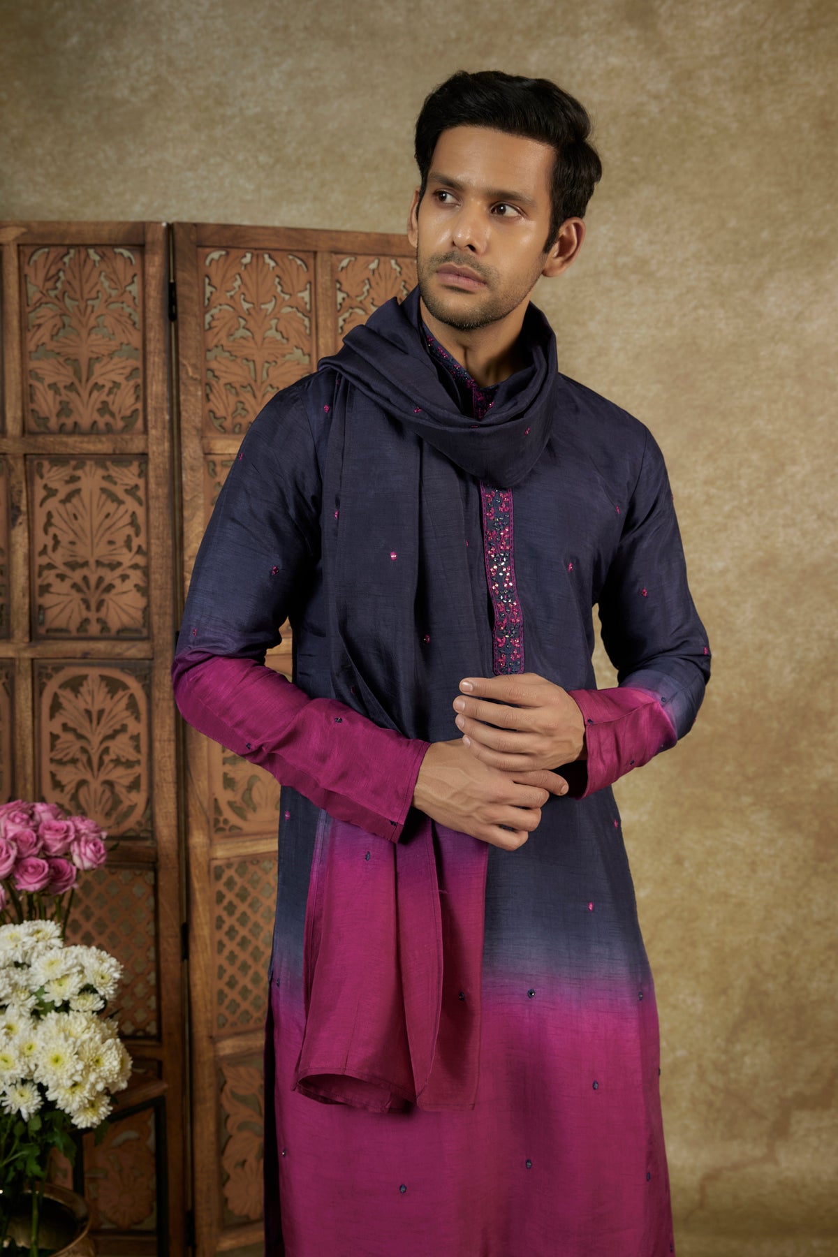 Ombré Berry Silk Kurta Set with Resham Work