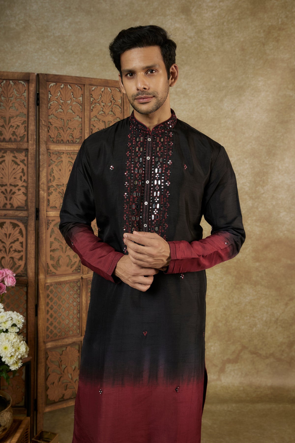 Ombré Black Garnet Silk Kurta Set with Mirror Work