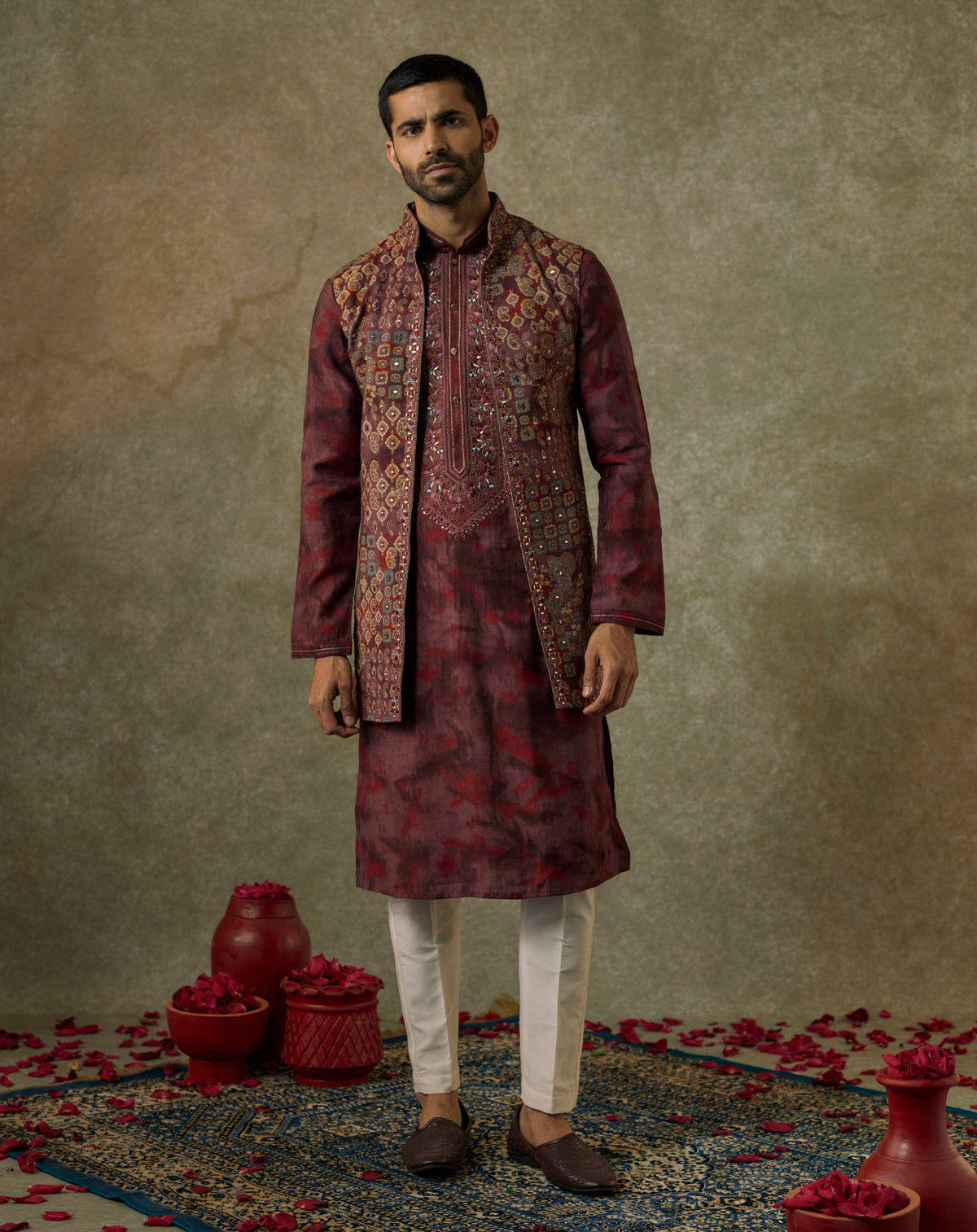 Berry Printed Silk Resham And Embroidered Open Kurta Jacket Set