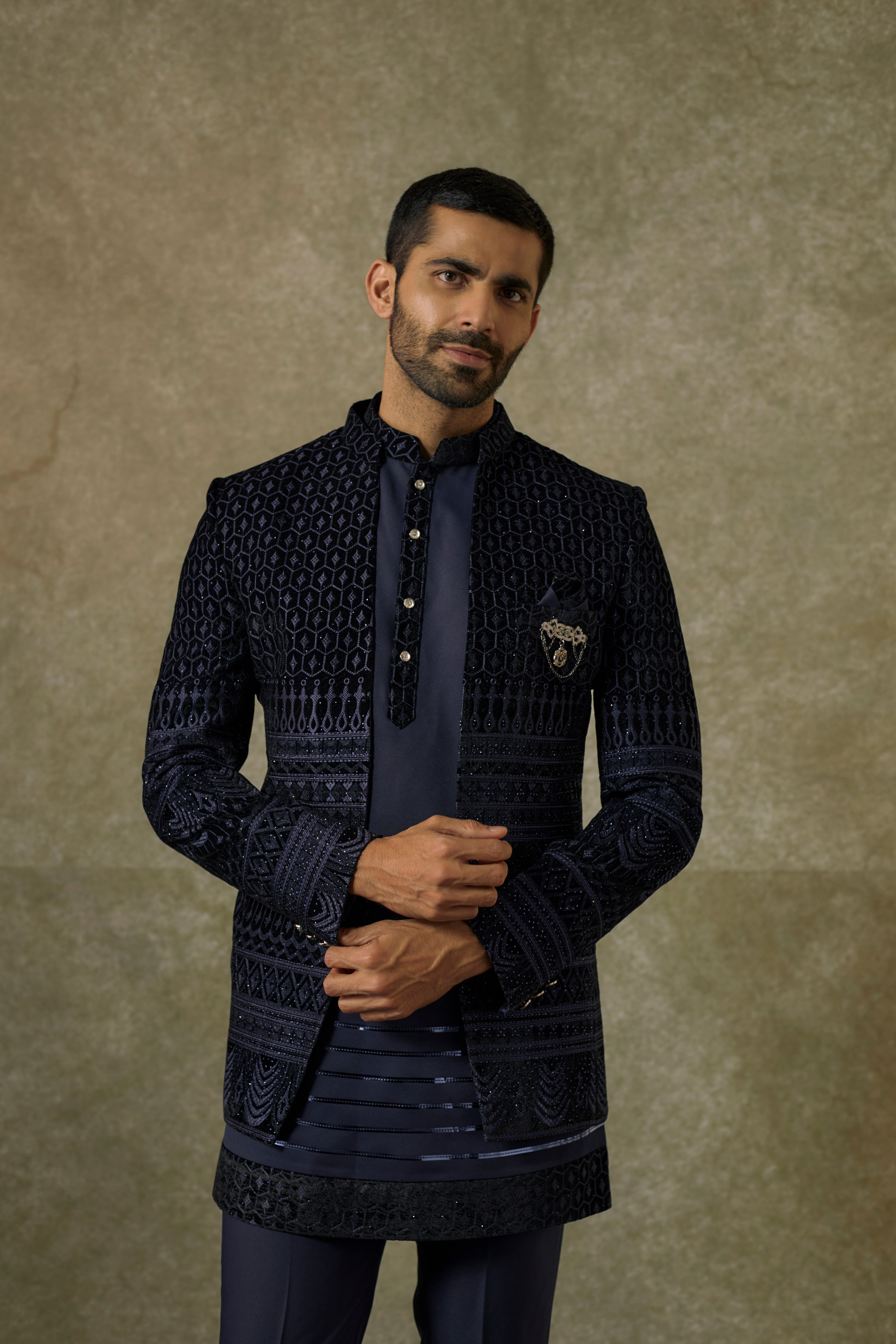 Royal Blue Satin Silk And Velevt Embroidery Open Indo Western Set