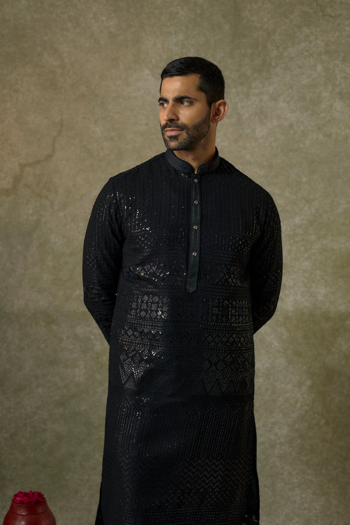 Jet Black Sequins Lucknowi Kurta Pajama Set