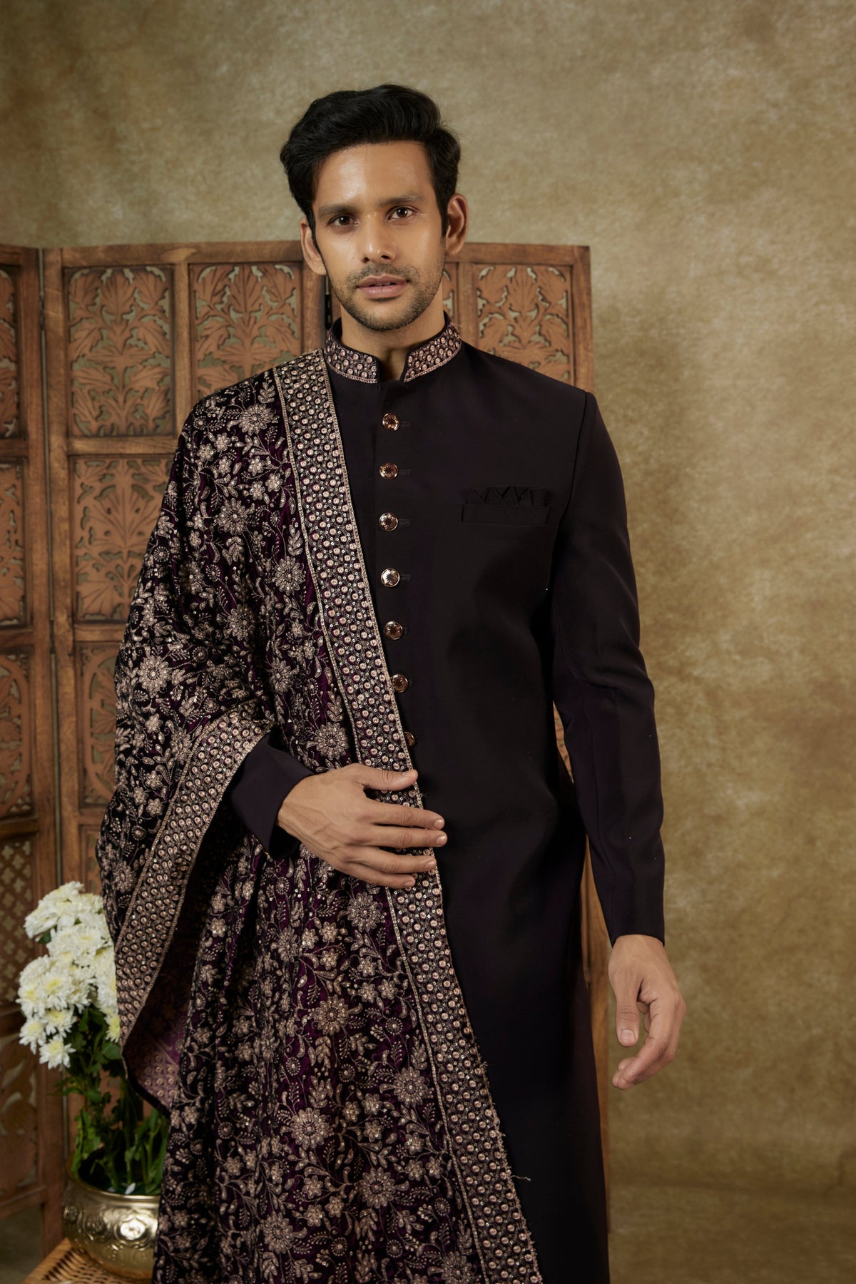 Lucknowi Velvet Sherwani Set