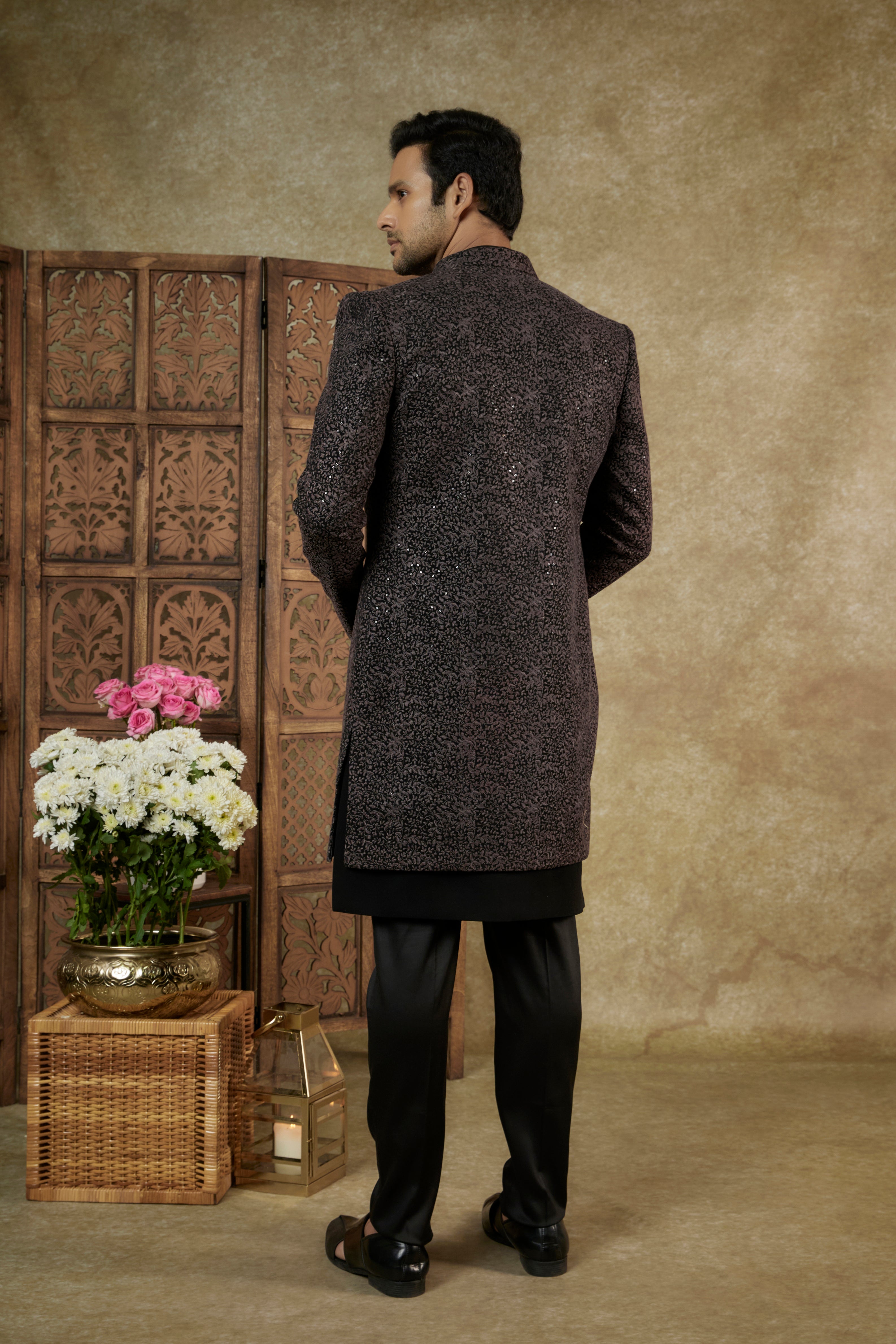 Jade Black Resham Embroidered Lucknowi Open Indowestern Set