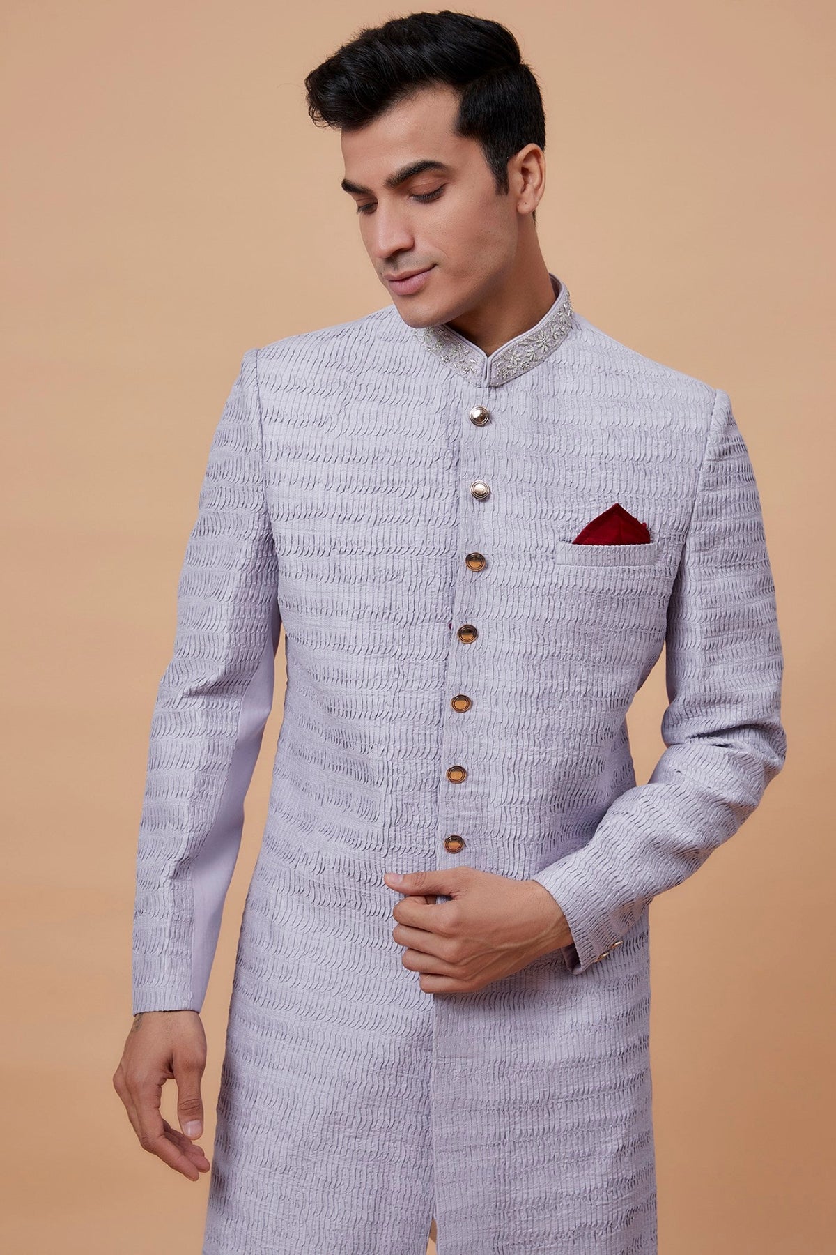 Purple Silk Embroidered Indowestern Set