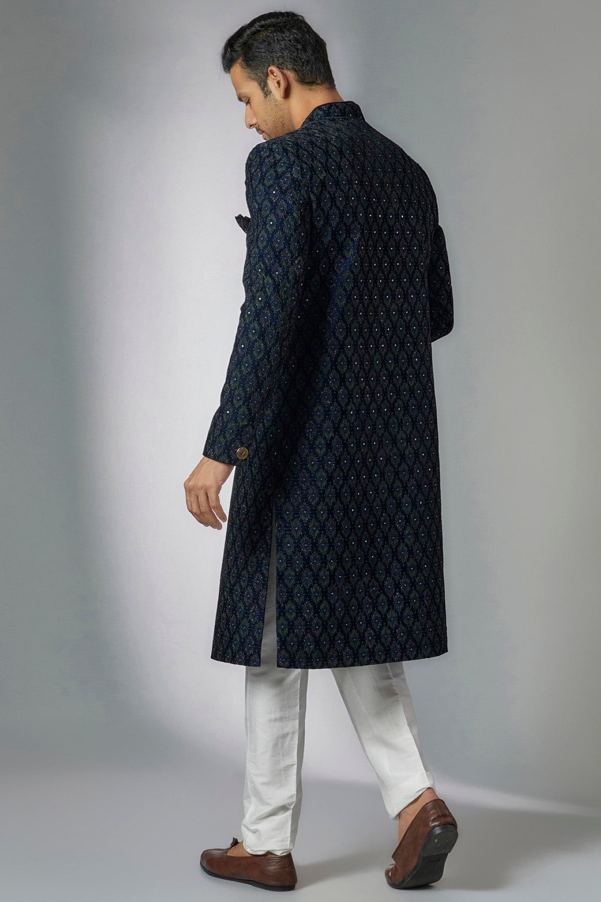 Blue Velvet Embroidered Sherwani Set