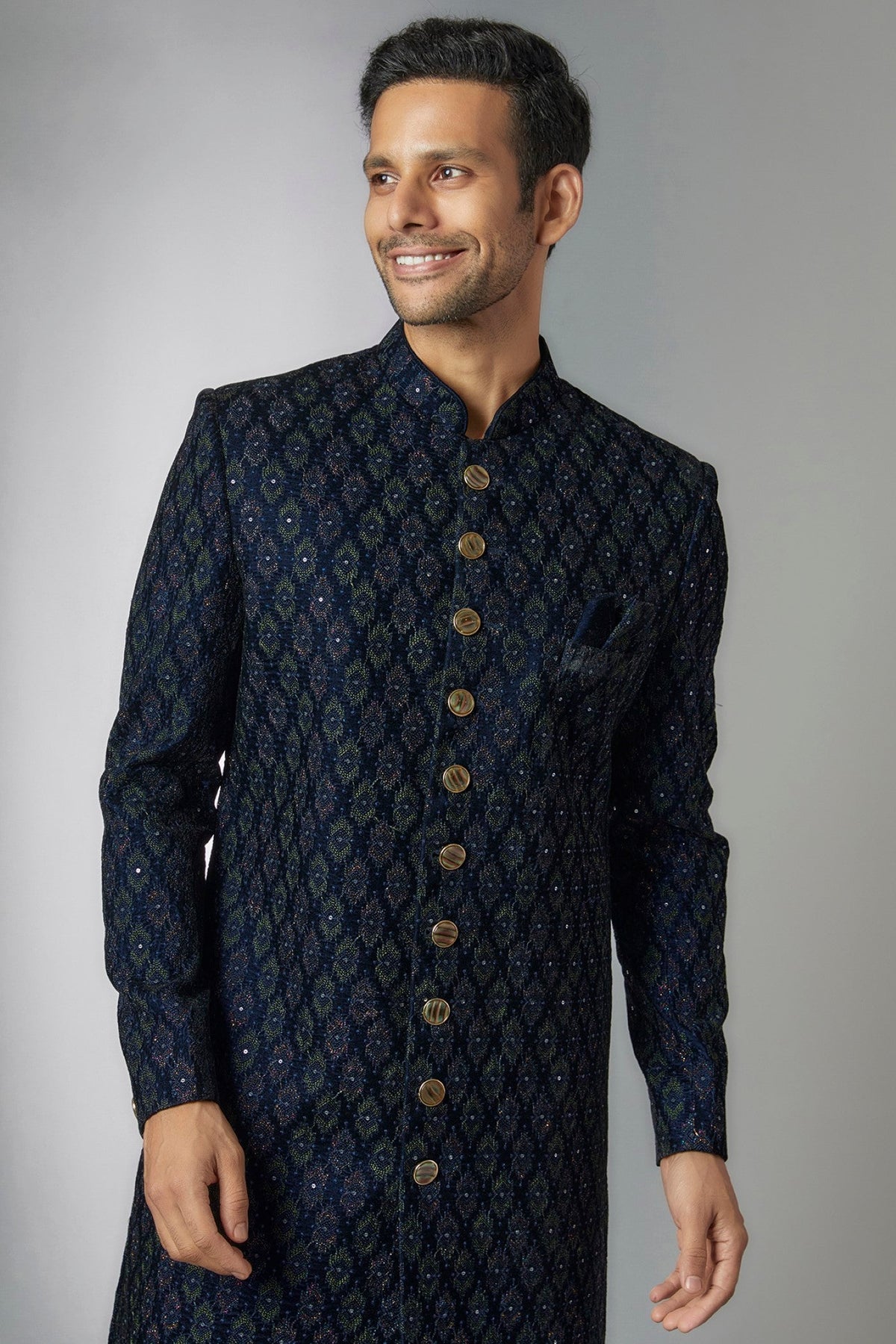 Blue Velvet Embroidered Sherwani Set