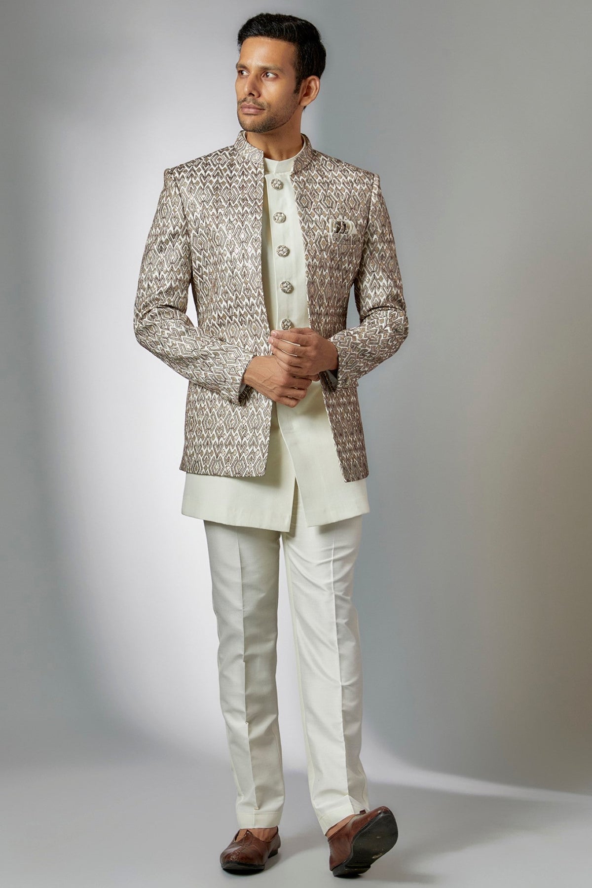 Off-White Silk Embroidered Indowestern Set