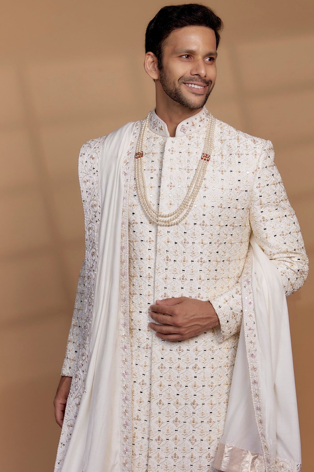 Ivory Raw Silk Sequin Embellished Sherwani Set
