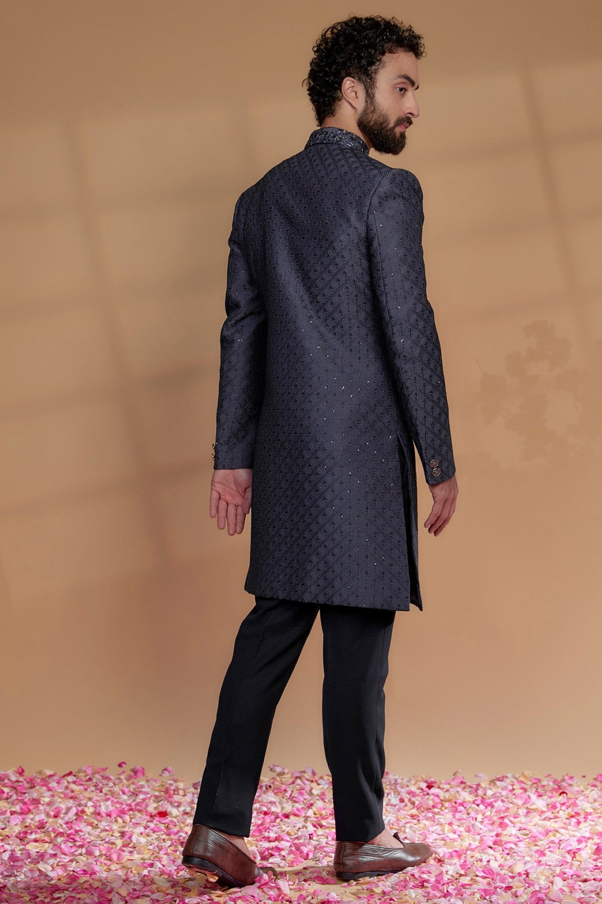 Blue Raw Silk Hand Embroidered Sherwani Set