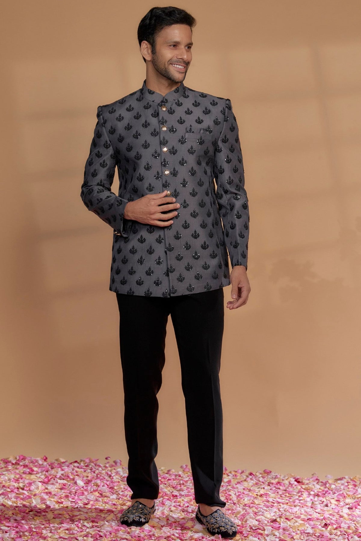 Deep Metallic Grey Imported Jacquard Bandhgala Set