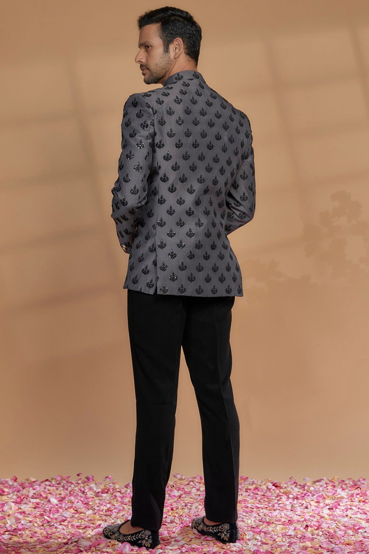 Deep Metallic Grey Imported Jacquard Bandhgala Set