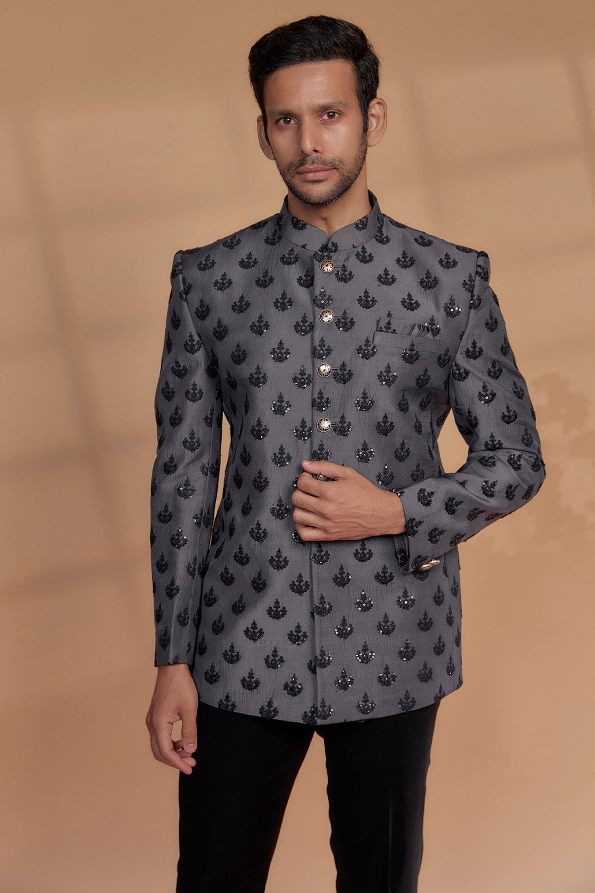 Deep Metallic Grey Imported Jacquard Bandhgala Set