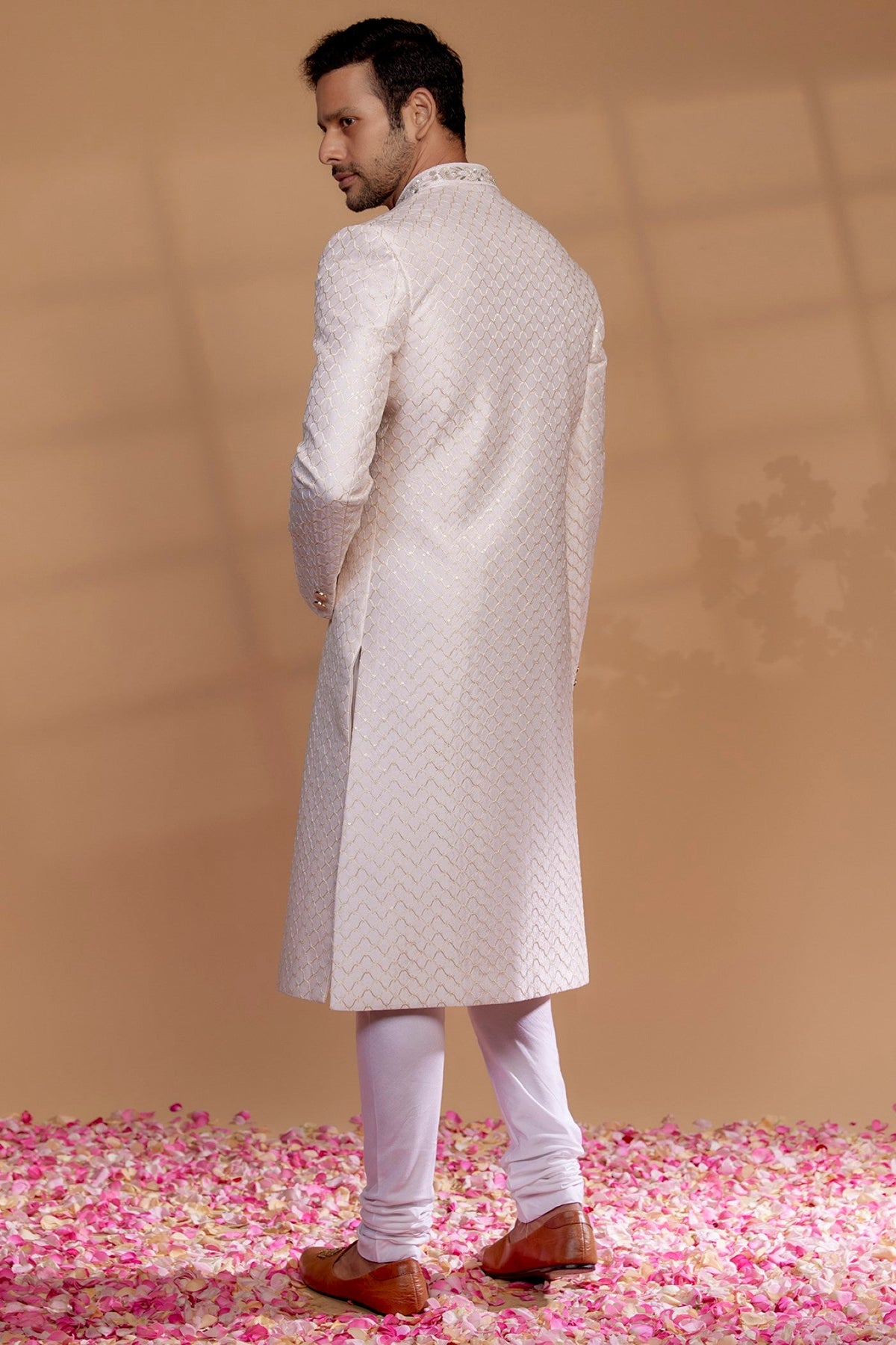 Ivory Raw Silk Sherwani Set