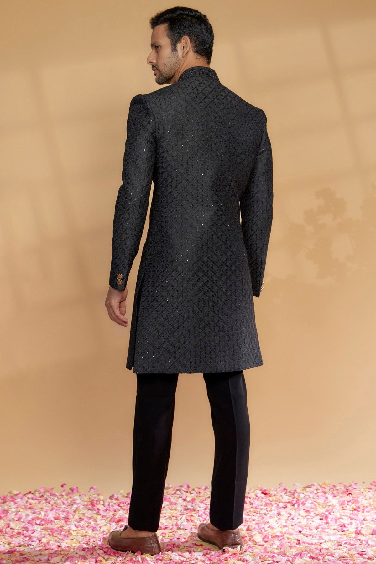 Black Raw Silk Sherwani Set