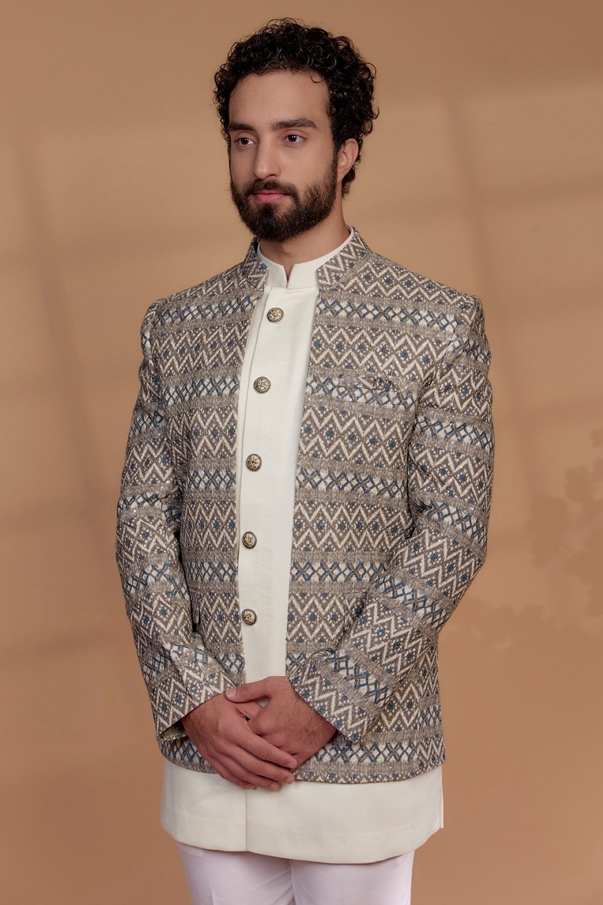 Multicoloured Imported Fabric Indo Western Set with Sequin Work