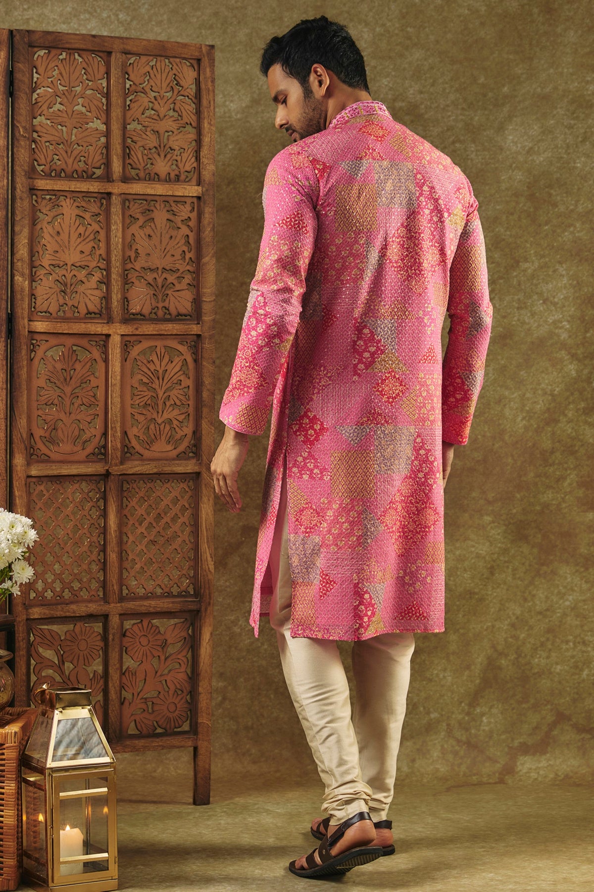 Salmon Pink Printed Silk Kurta Pajama Set With All Over Thread And Sequin Work