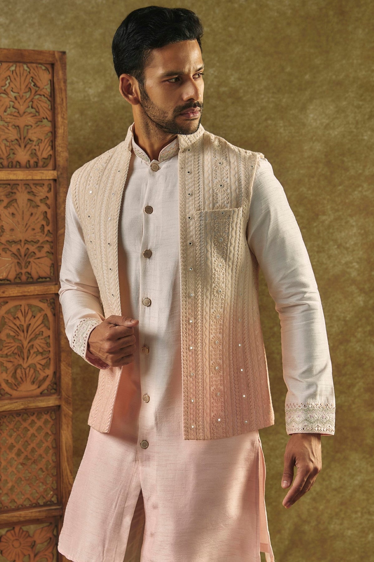 Pastel Pink Ombre Open-Indo Western Set With Sequin And Resham Embroidery