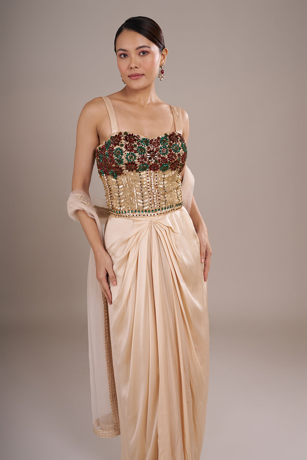 Champagne Indo Western With Moti And Stone Work