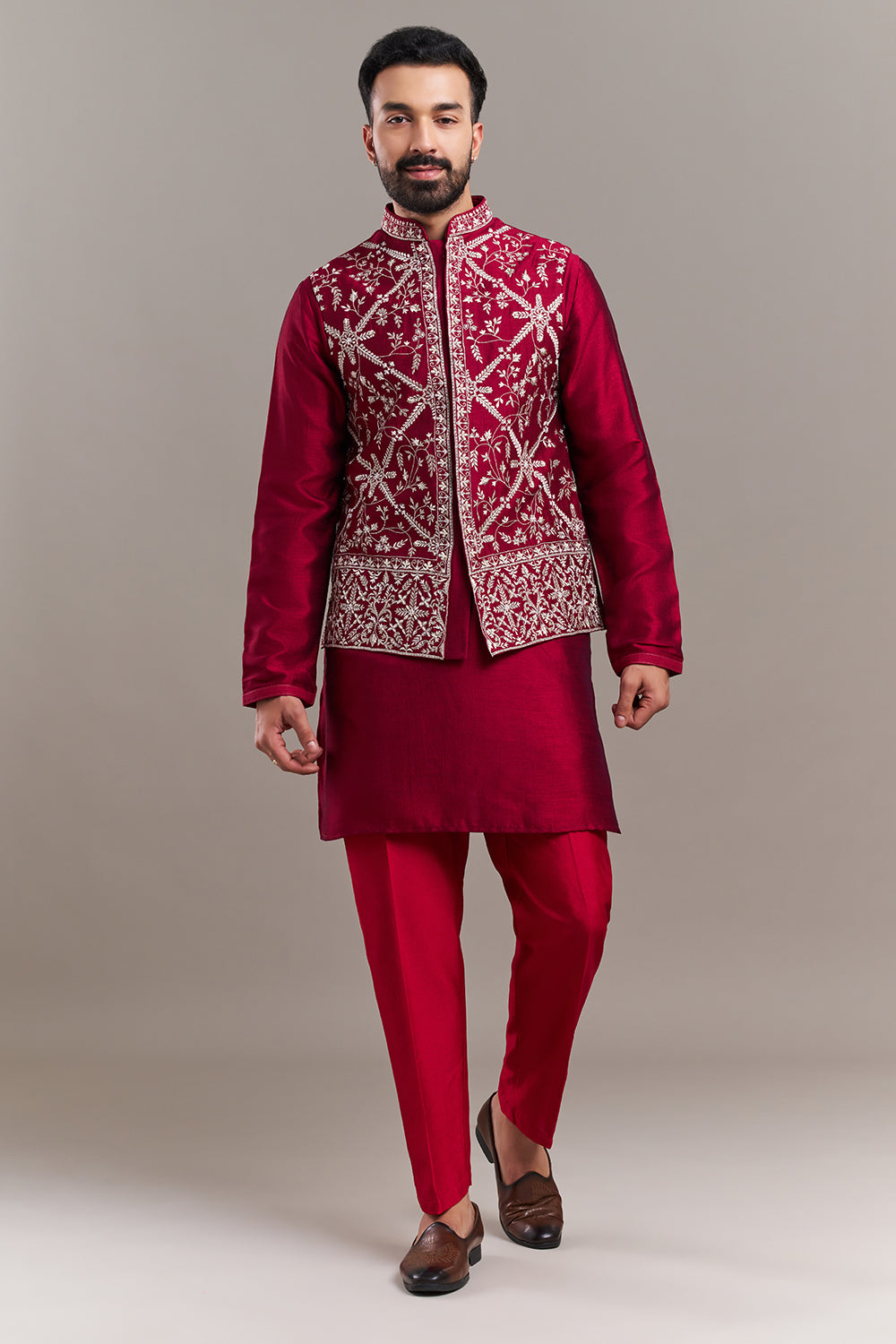 Maroon Embroidered Men's Kurta Jacket Set