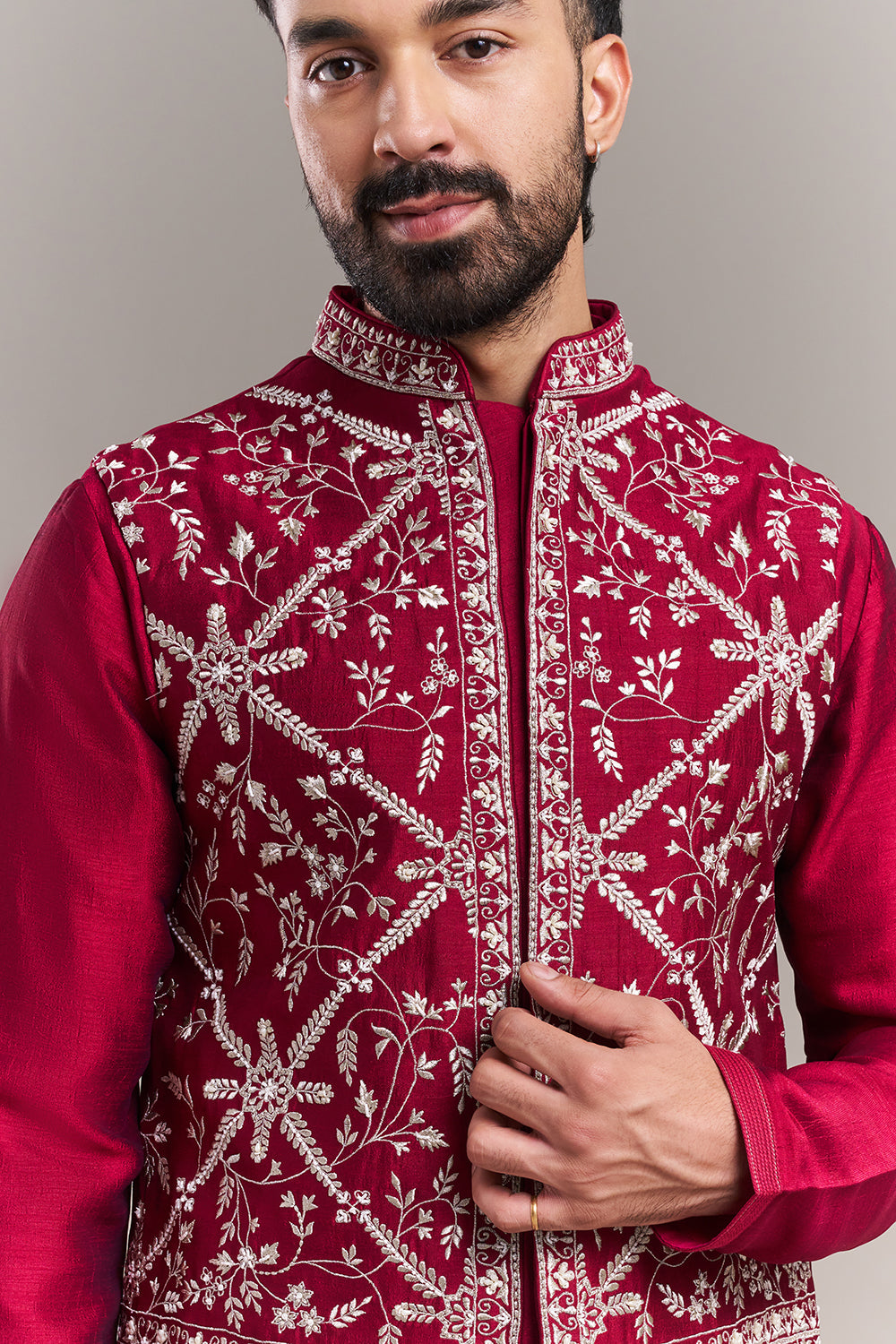 Maroon Embroidered Men's Kurta Jacket Set