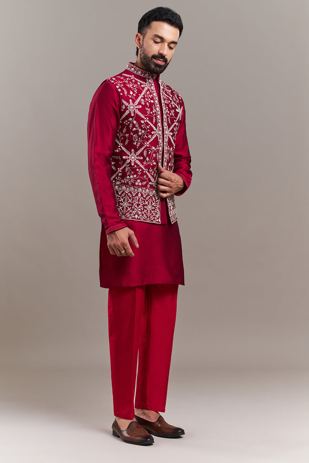 Maroon Embroidered Men's Kurta Jacket Set