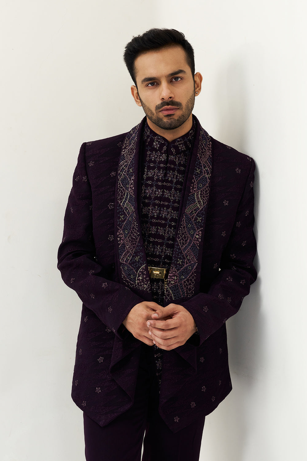 Wine Polyester Cotton Cut Dana Work Men's Kurta Set