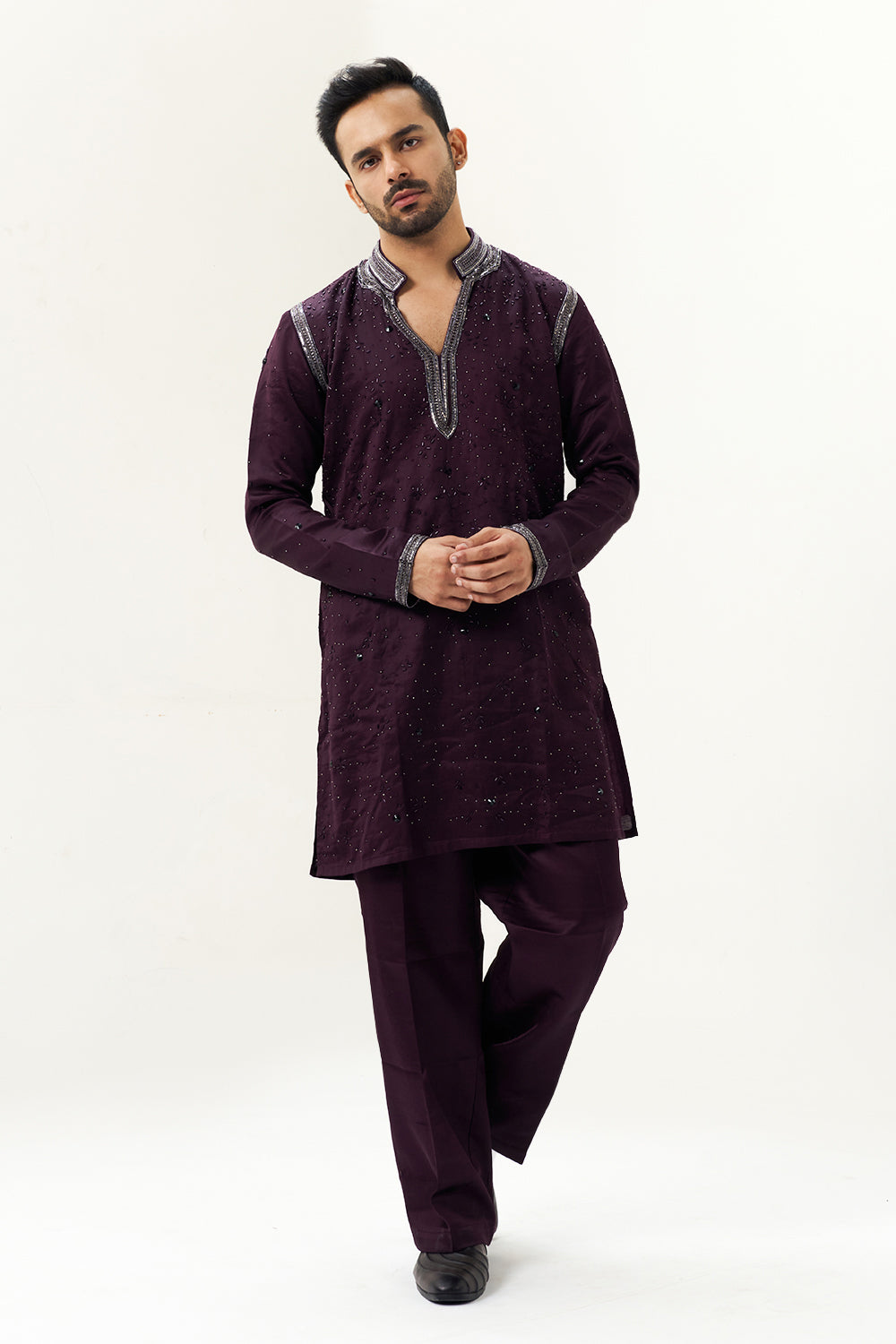 Wine Satin Silk Embellished Men's Kurta Set