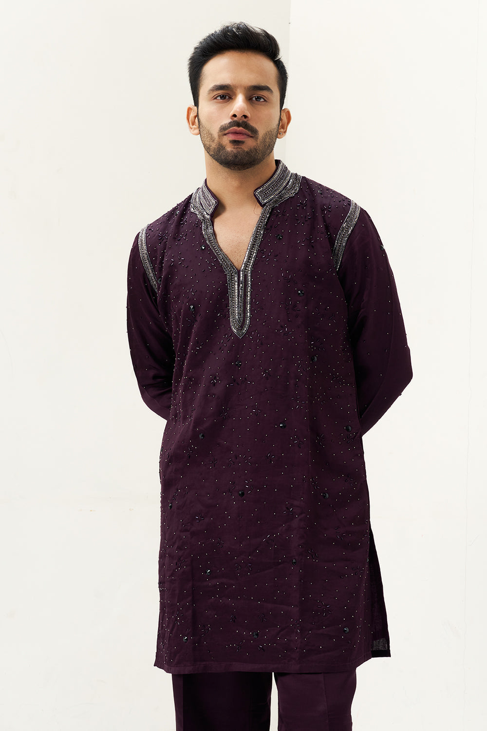 Wine Satin Silk Embellished Men's Kurta Set