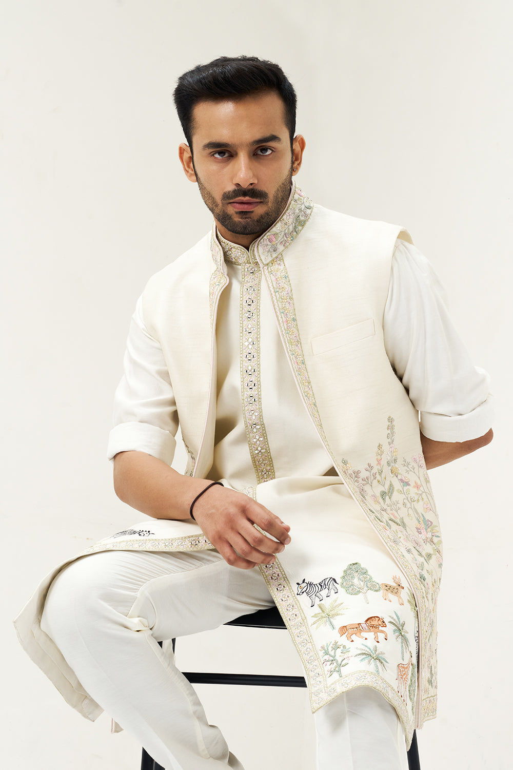 Off White Appliqué Embellished Silk Men's Kurta with Jacket