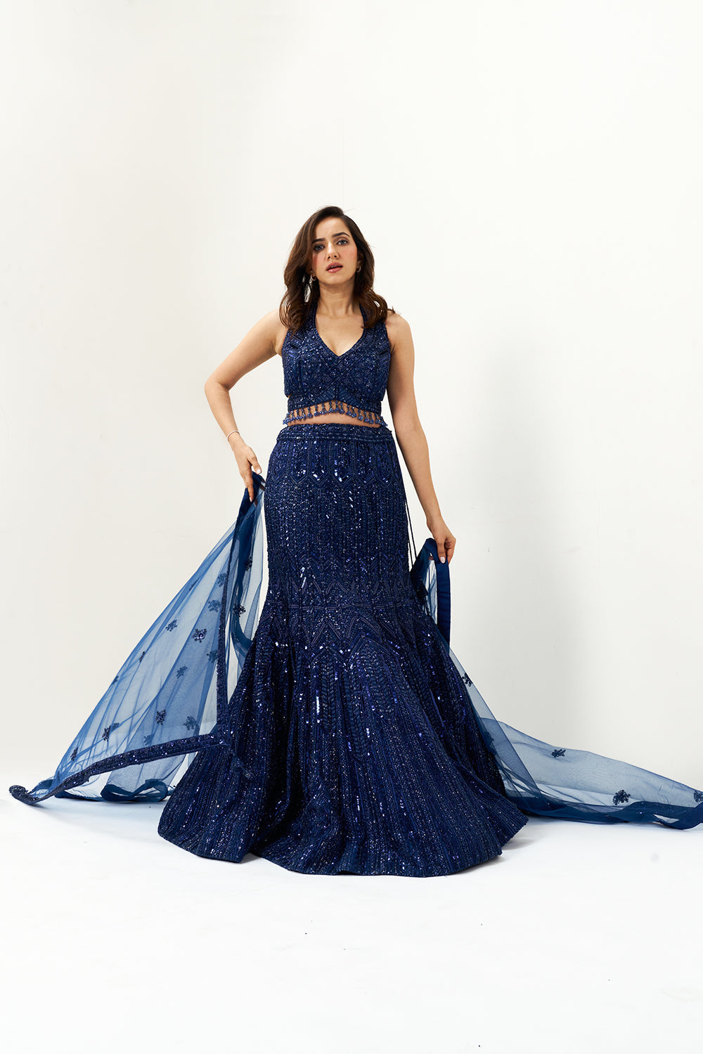 Navy Blue Embellished Net Festive Lehenga Set