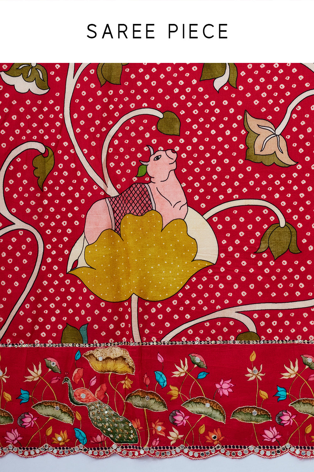 Red Crepe Bandhani Saree with Nature Inspired Motifs