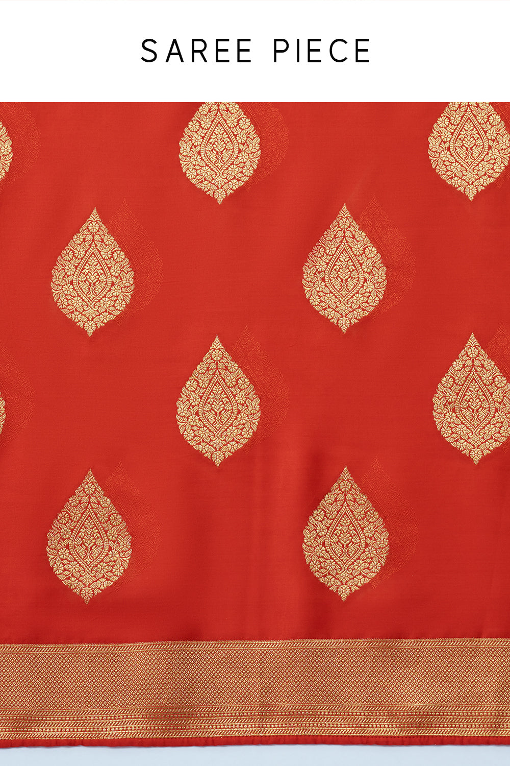 Vermillion Banarasi Brocade Saree with Leaf Imprint and Unstitched Blouse