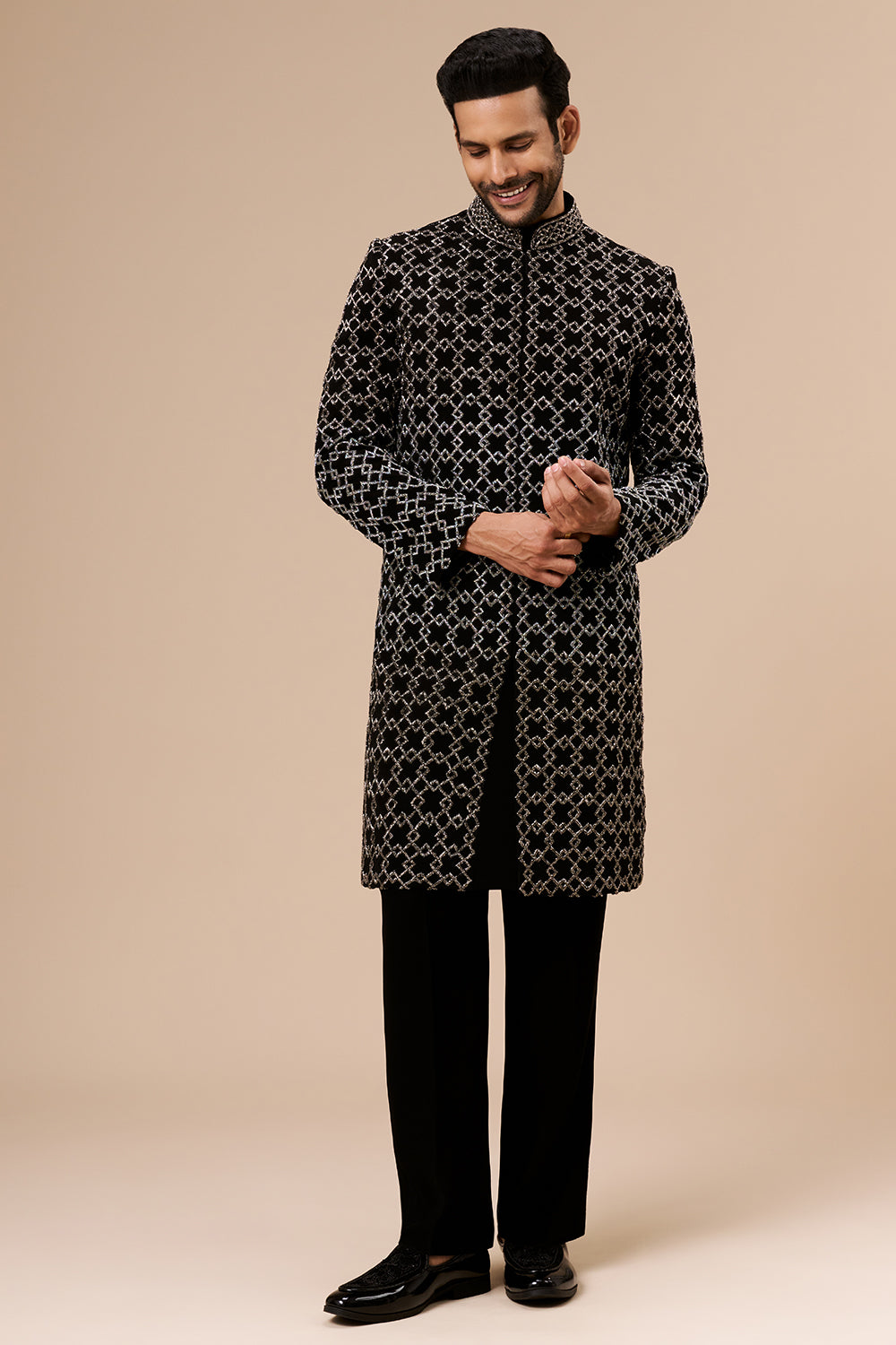 Black Georgette Mens Indo Western with Geometric Cut Dana Work