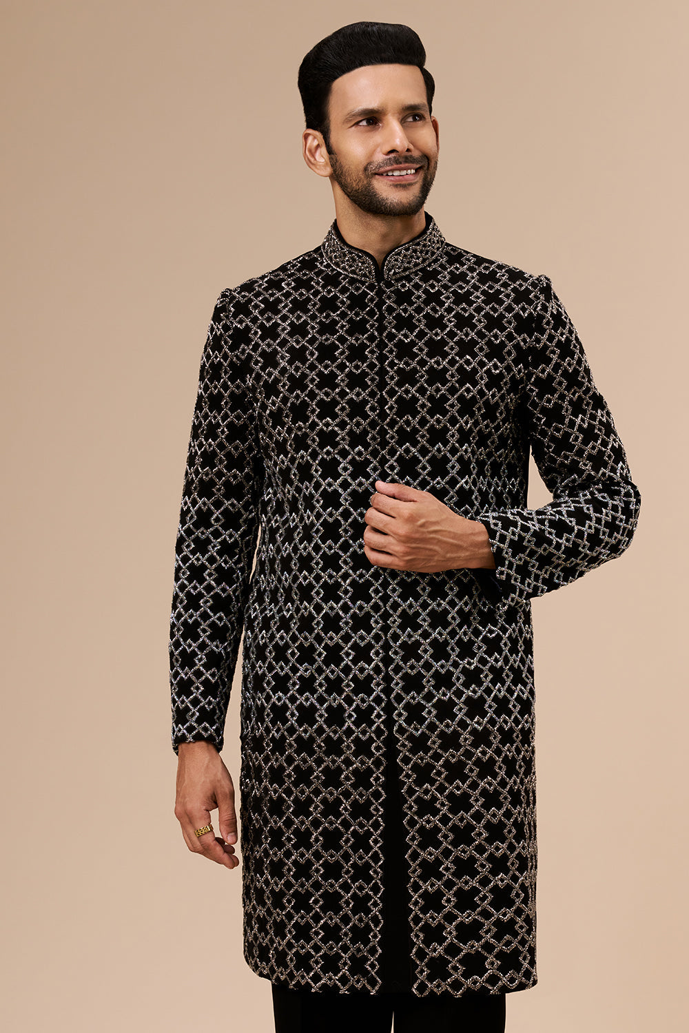 Black Georgette Mens Indo Western with Geometric Cut Dana Work