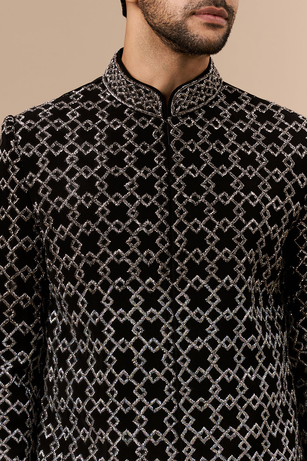 Black Georgette Mens Indo Western with Geometric Cut Dana Work