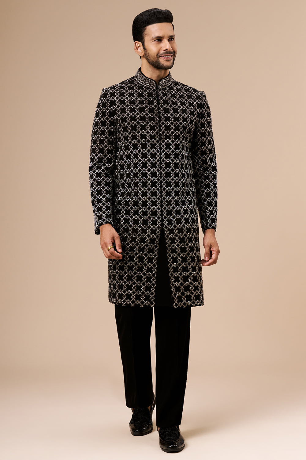 Black Georgette Mens Indo Western with Geometric Cut Dana Work