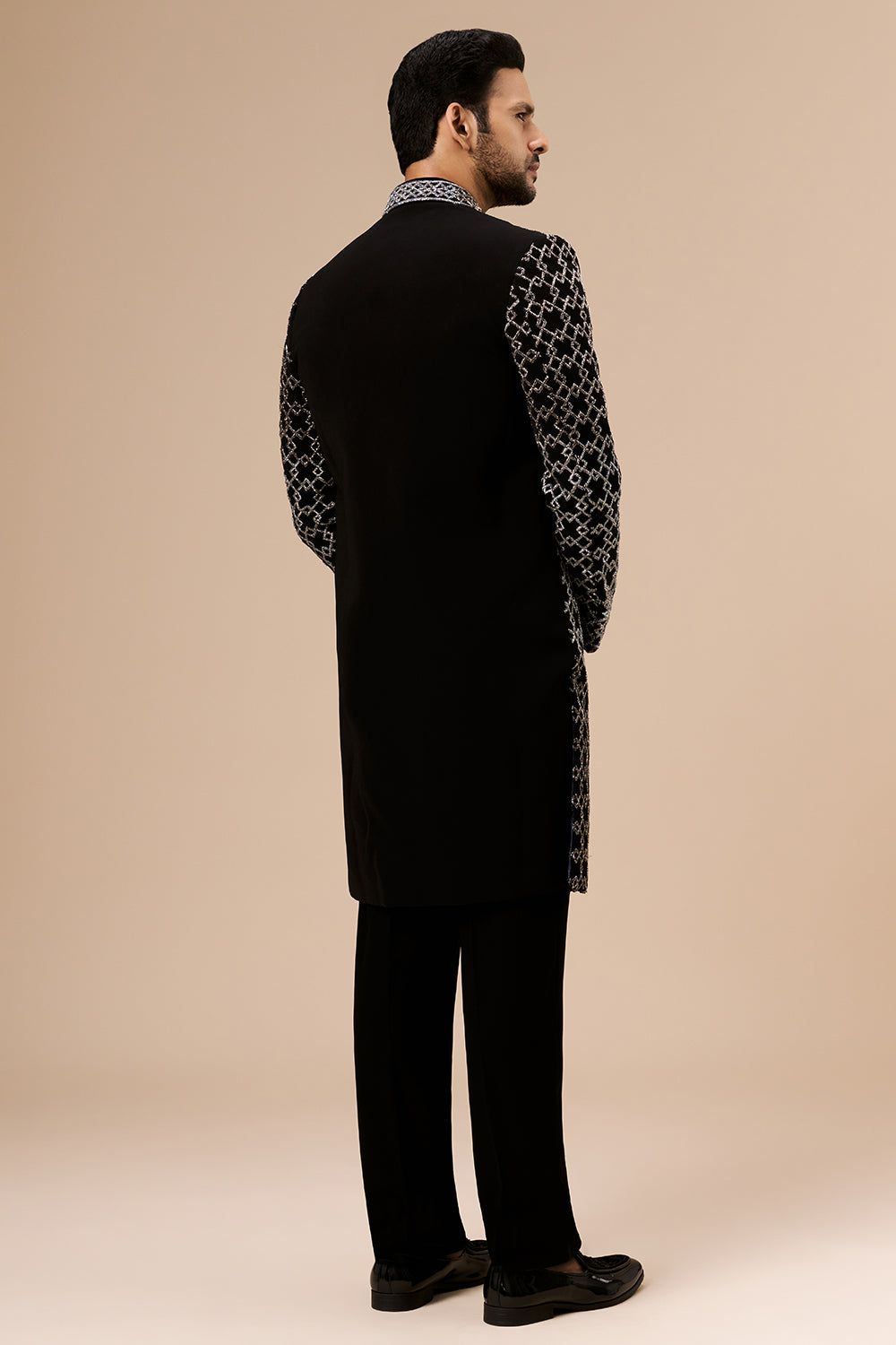 Black Georgette Mens Indo Western with Geometric Cut Dana Work
