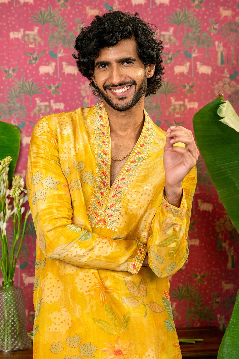 Yellow Silk Suit With Mirror And Resham Embroidery