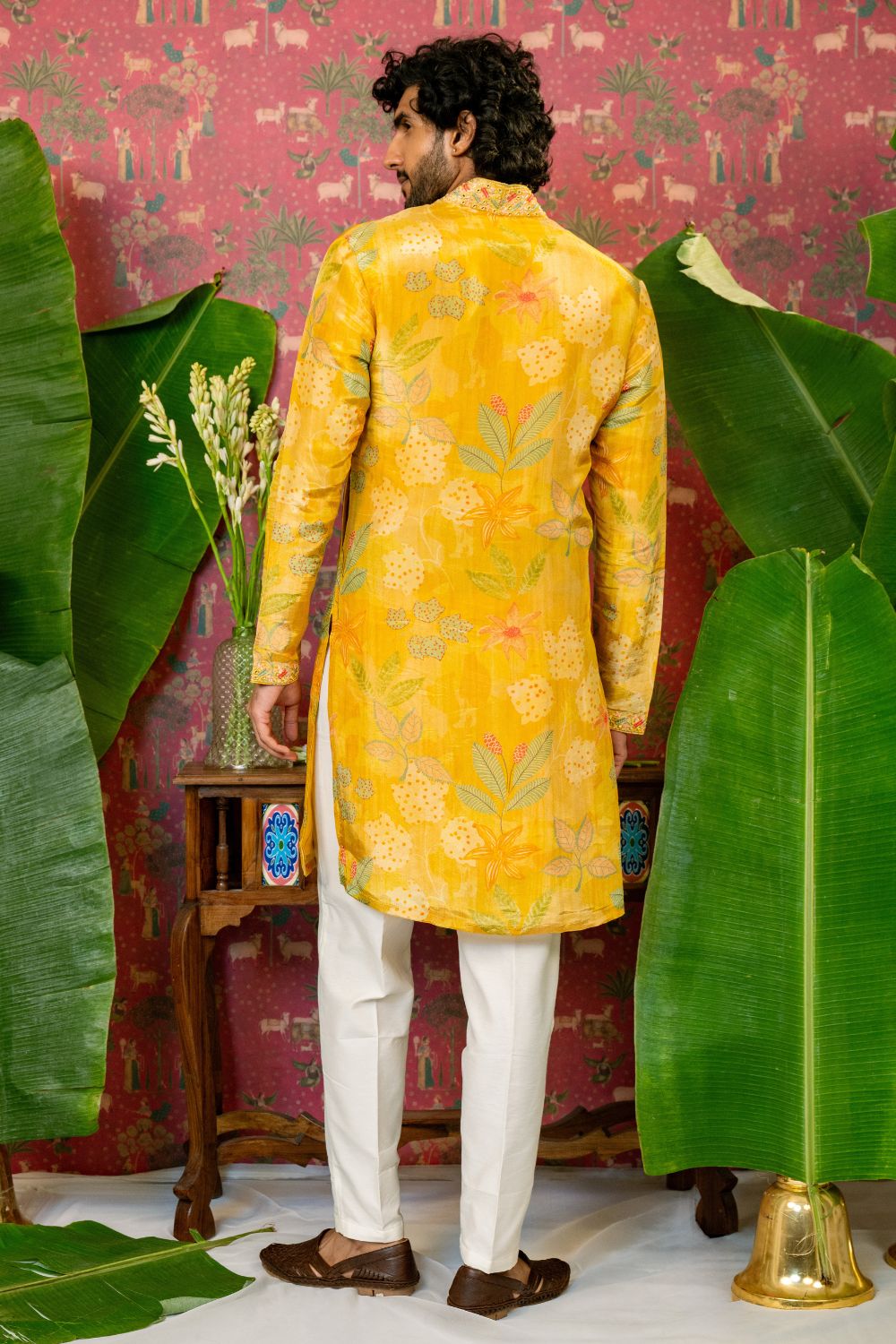 Yellow Silk Suit With Mirror And Resham Embroidery