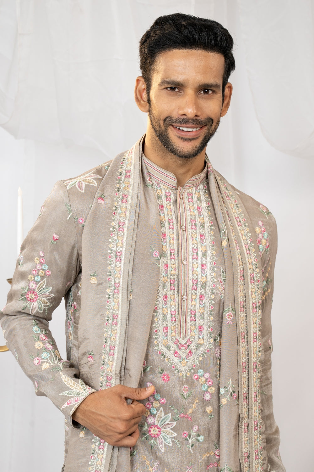 Soft Champagne Tissue Silk Kurta Set With Sequins And Resham Embroidery