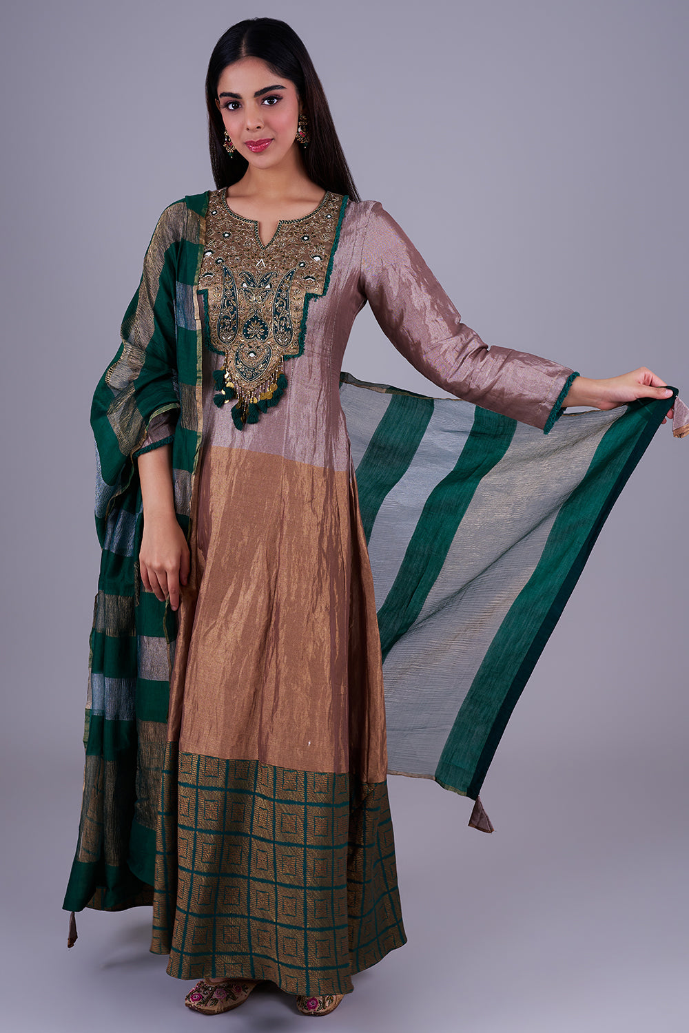 Taupe-Emerald Embroidered Anarkali Set