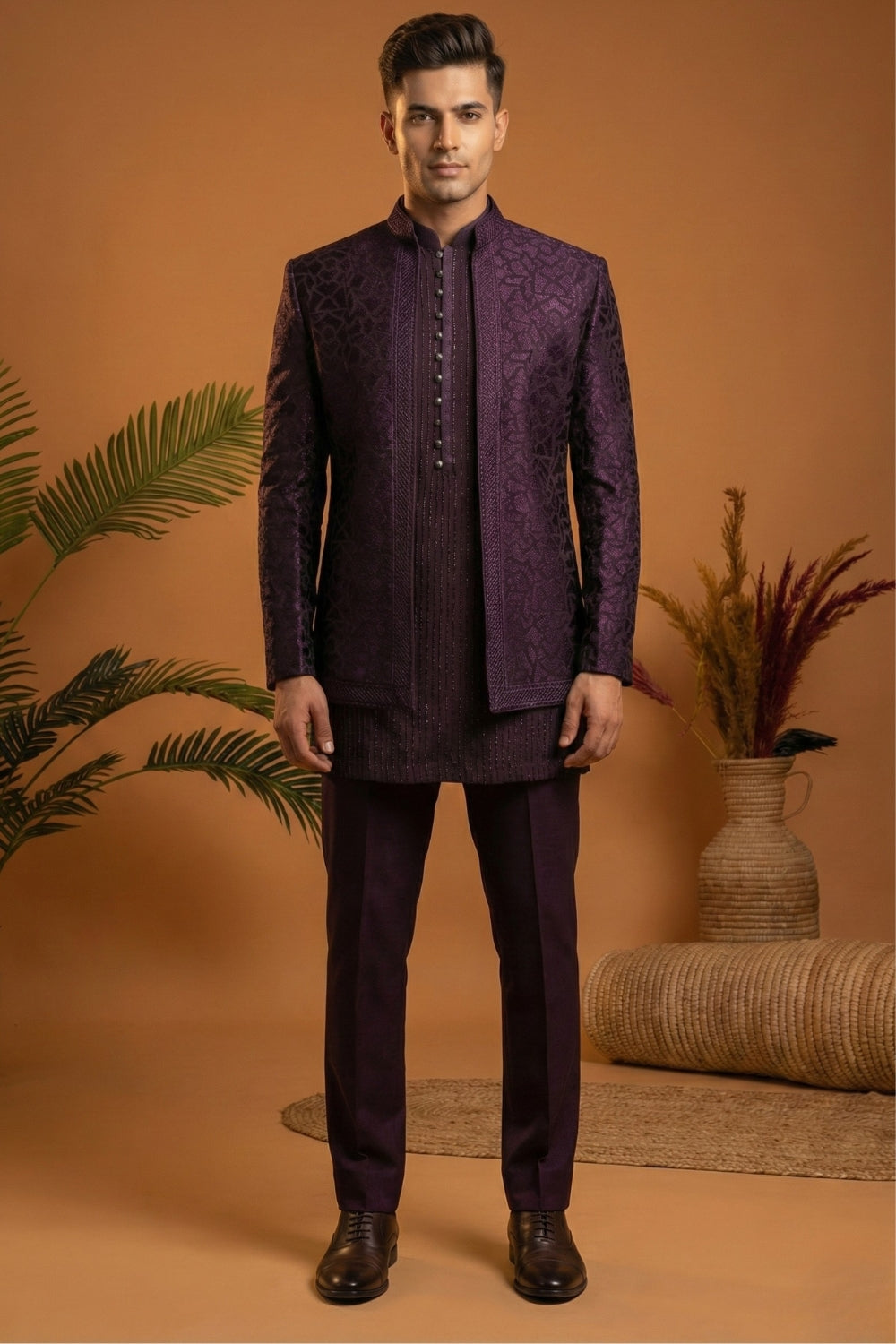 Wine Imported Indo Western Set With Sequins And Embroidery Work