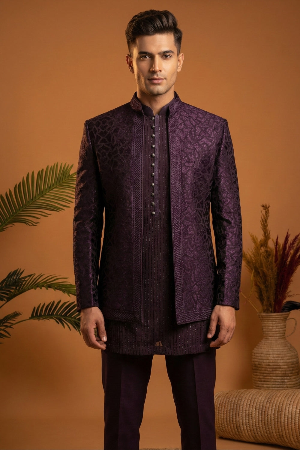 Wine Imported Indo Western Set With Sequins And Embroidery Work