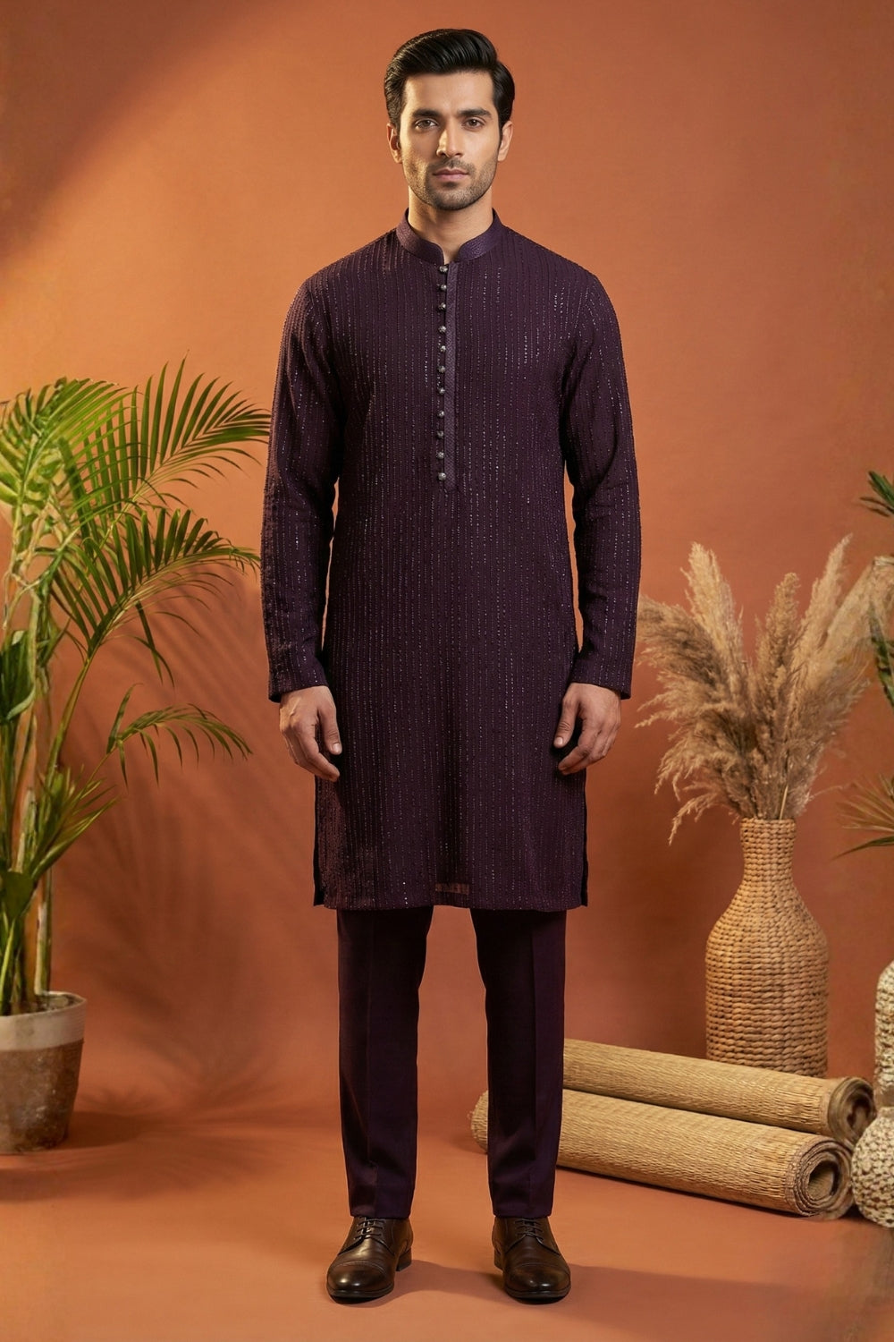 Wine Imported Indo Western Set With Sequins And Embroidery Work