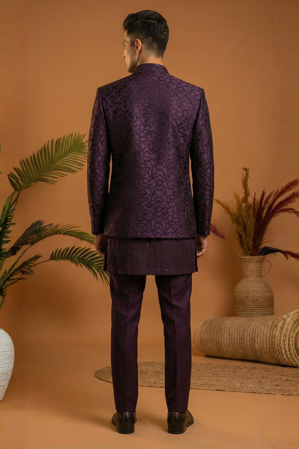 Wine Imported Indo Western Set With Sequins And Embroidery Work