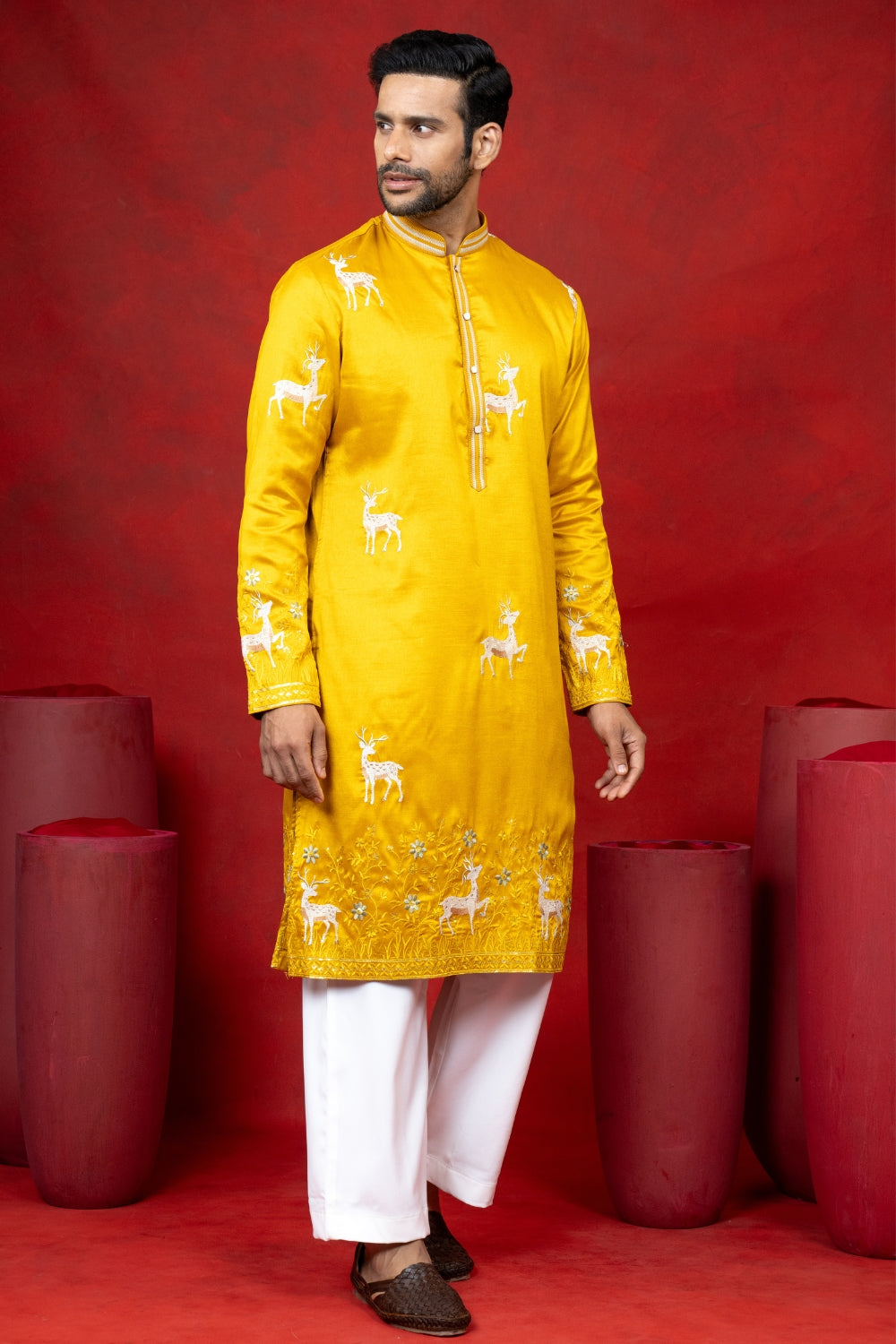 Yellow Silk Embroidered Kurta Set