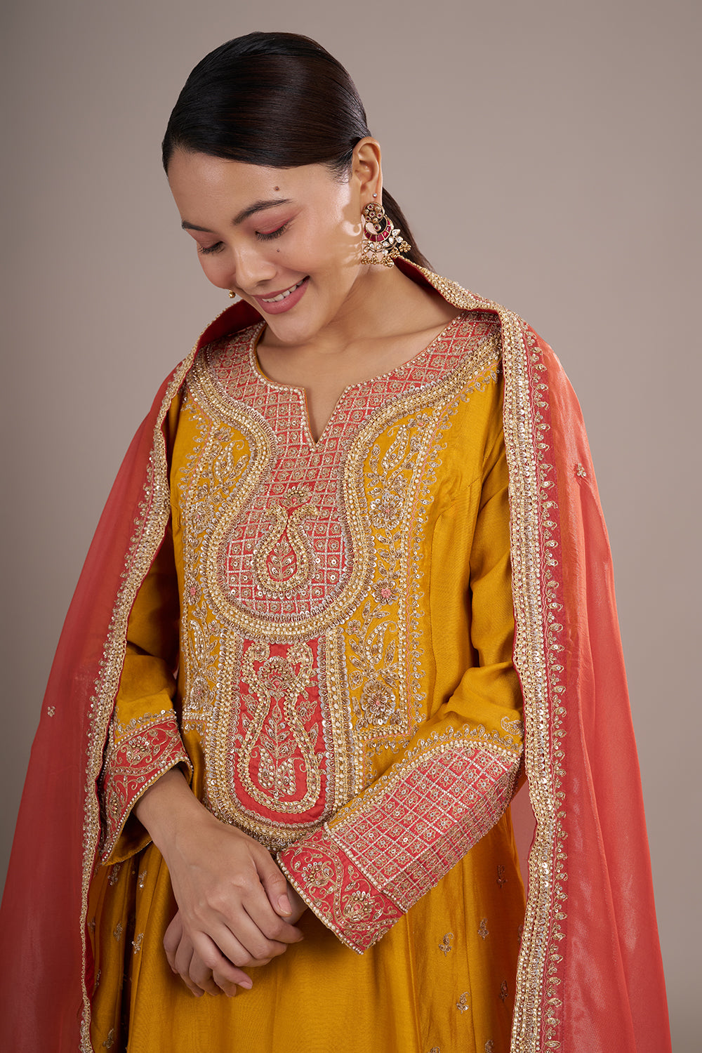 Amber Yellow Silk Anarkali Set with Contrast Coral Zardozi Work