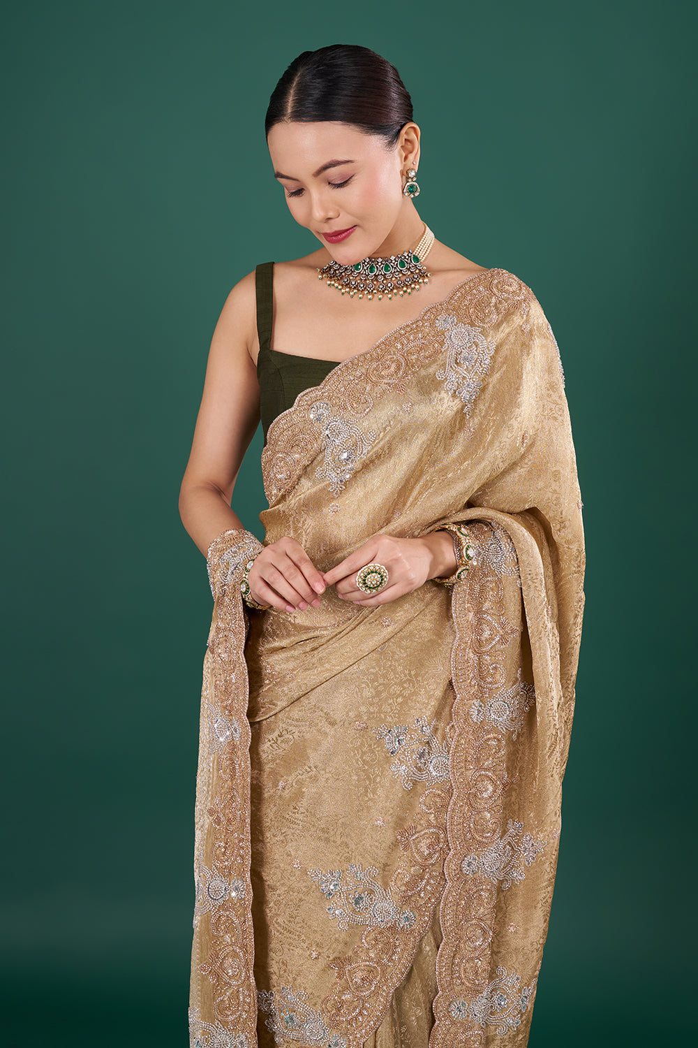 Antique Gold Brocade Saree with Cutdana Embroidery
